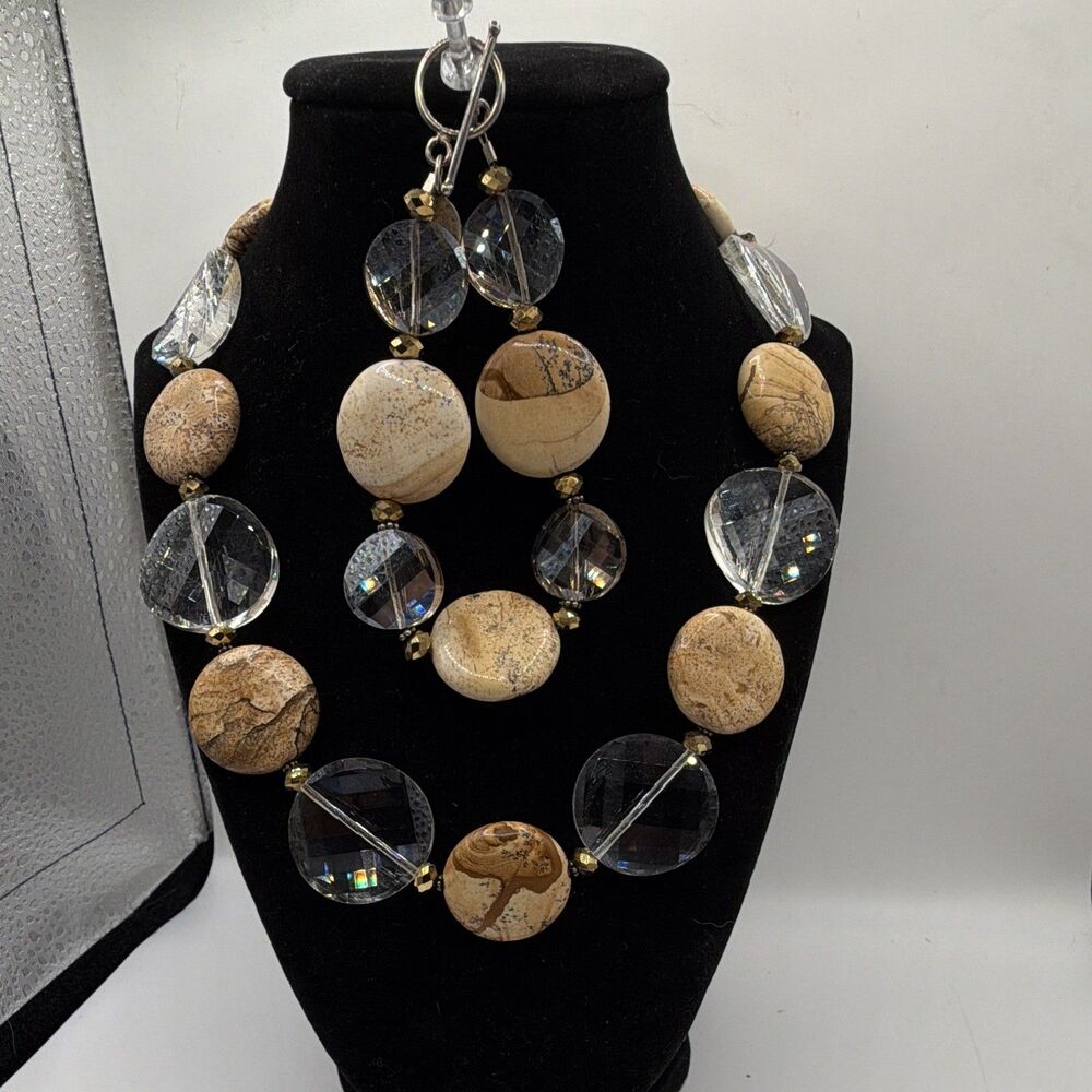 Vtg. Donna Dressler Signed Desert Jasper & Crystal Necklace & Bracelet Set